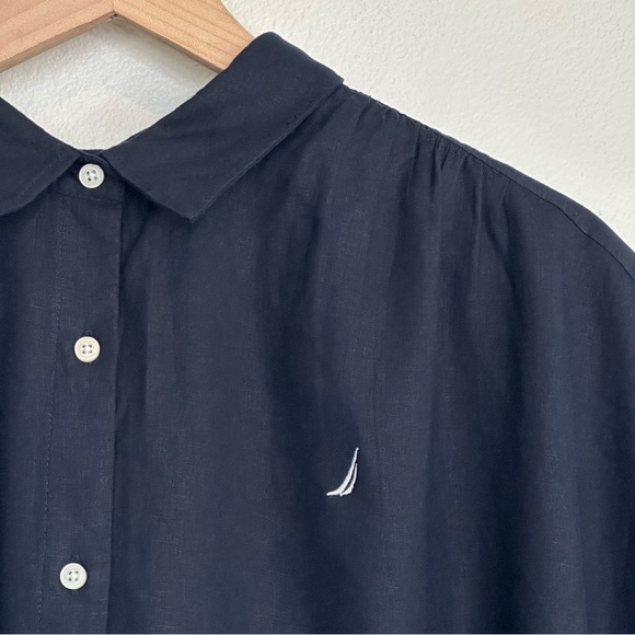 Nautica Women's Navy Linen Blend Short Sleeve Button Up Shirt Sz L - Picture 5 of 10